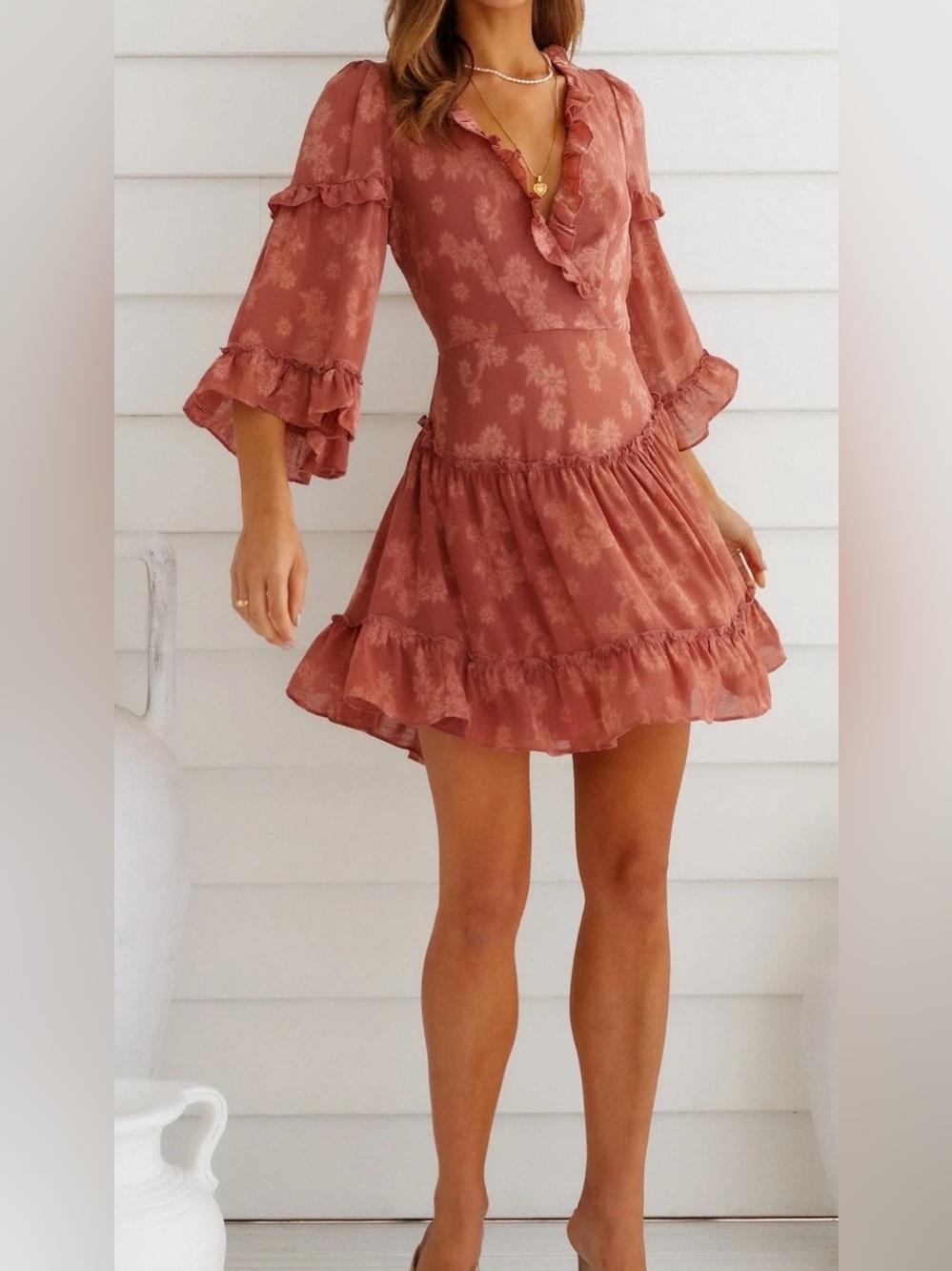 Saints+secrets Ruffled V-Neck Mini Dress in Rust Sz M